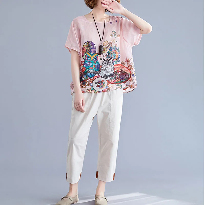 

2020 Summer Plus Size Owl Printed T Shirt Women Vintage Loose Big Size Tshirt Fashion Short Sleeve Cotton Linen Tee Shirt Female