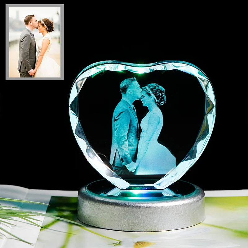 Funny Heart Shape Laser Engraved Personalised Picture Frame 2D k9 Crystal Photo with LED Night-light Stand | Дом и сад