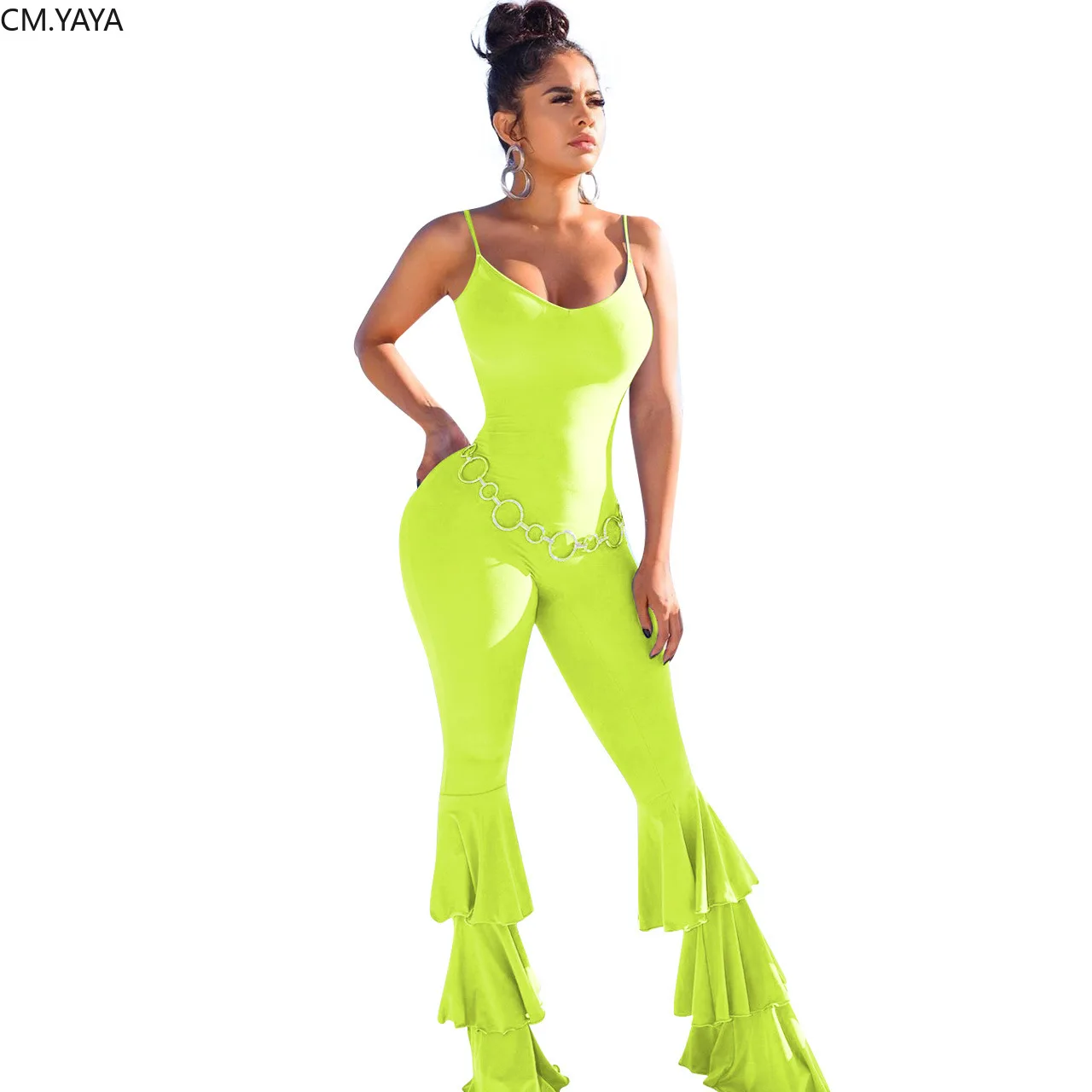 2019 женский Облегающий комбинезон без рукавов с каскадными оборками расклешенный