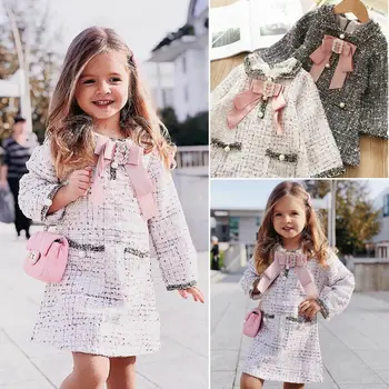 

Elegant Kids Baby Girl Plaid Dress Children Girl Formal Party Dress Spring Fall Clothes Pearl Bow Tie Long Sleeve Dress 1-6Y