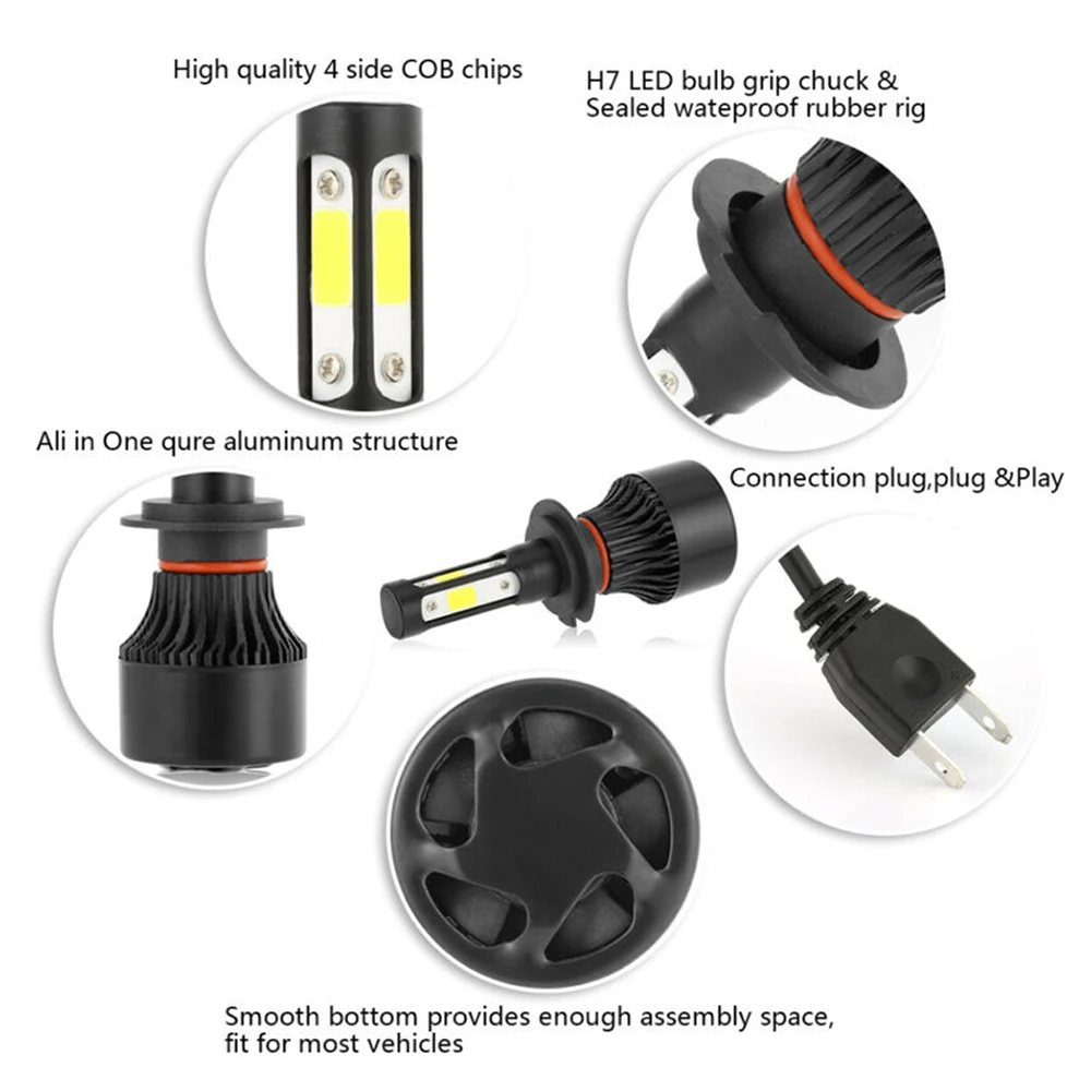 2 шт./компл. 4-сторонняя лампа светодиодный фар H7 2000W 300000LM 6000 К Высокий/ближнего света лампы