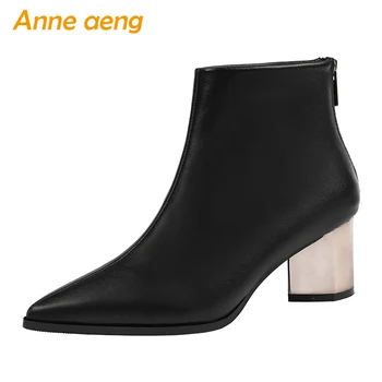 

2019 New Winter Women Ankle Boots High Metal Heel Pointed Toe Solid Zipper Sexy Ladies Women Shoes Black Warm Female Short Boots