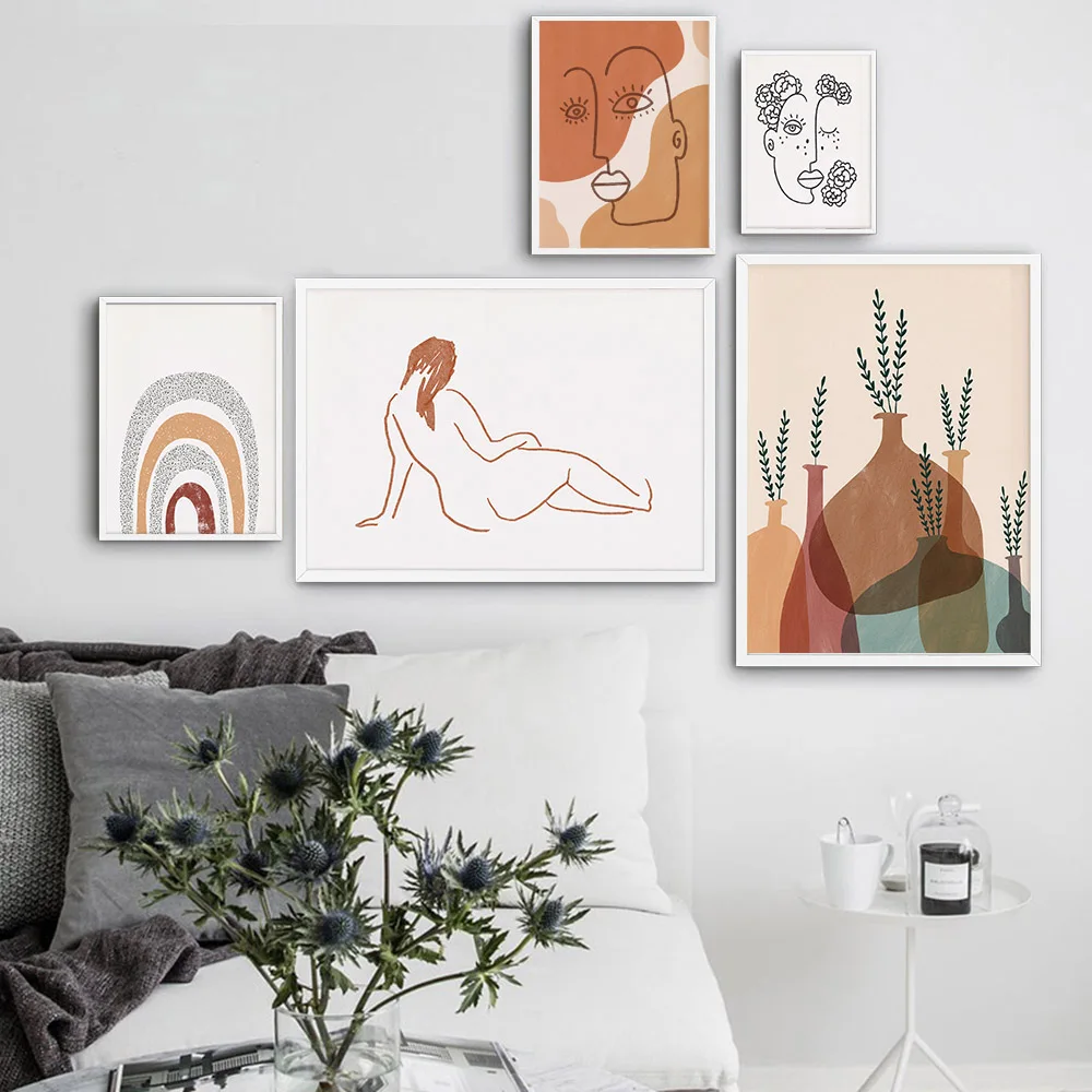 

Boho Art Prints Abstract Landscape Poster Nudy Line Art Women Face Gallery Wall Pictures Horizon Sun Paintings on Canvas Decor