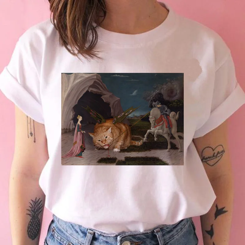 Mona lisa cat Футболка ulzzang Женская Хип-хоп забавная Футболка модная harajuku kawaii женская футболка уличная 90s Tumblr - Цвет: 132