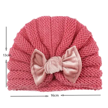 Baby Girls Solid Knitted Hat With Pleuche Bowknot Newborn Beanie Caps Big Bow Headwear Infant Toddler Hats Beanie Kids Headband 2