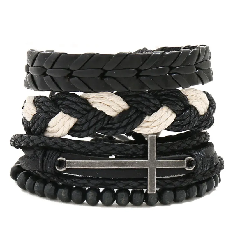 Leather Rope Handmade Braided Multilayer Cross Charm Bracelets Set For Men Women Punk Adjustable Bangle Fashion Jewelry | Украшения и