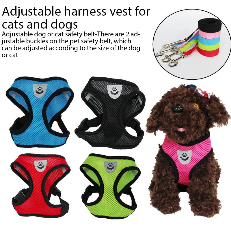 Arnés ajustable para perros y gatos, correa de plomo para pasear, collar para cachorros de malla de poliéster, medianos y pequeños