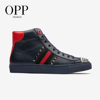 

OPP Men's Shoes High Top Men boots Genuine Leather Dot Leather Winter Boots men Zip Metal Style Shoes Ankle Boots for men