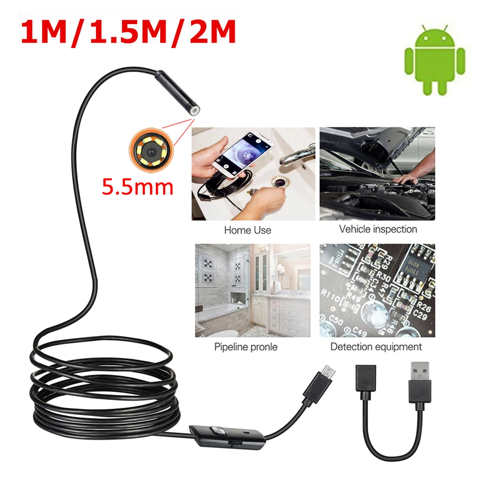 Cámara endoscópica impermeable IP67 para coche, endoscopio con Android de 5mm y 2m, compatible con OTG y UVC, Mini endoscopio Usb de serpiente HD, PCB y detección de oreja