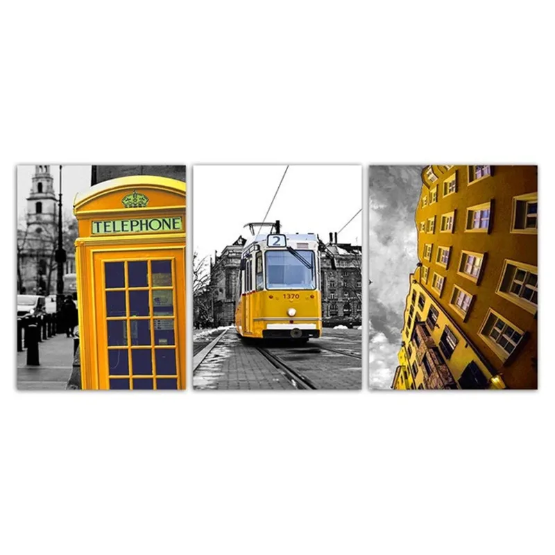 

Nordic Poster City Street Yellow Tram Building Telephone Booth Pictures For Modern Decorative Living Room Home Wall Are Decor