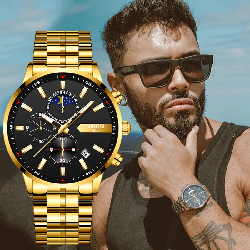2021 New NIBOSI Brand Fashion Watch For Men Quartz Sports Stainless Steel Waterproof Chronograph Mens Watches Relogio Masculino
