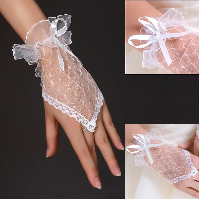 H3e77aa24937c4e7588d4e1491d7e600cY Elegan Lace Short Bridal Gloves Inlaid Rhinestone Bowknot Slim Bridal Fingerless Gloves White Ivory Wedding Gown Accessories Mallzona