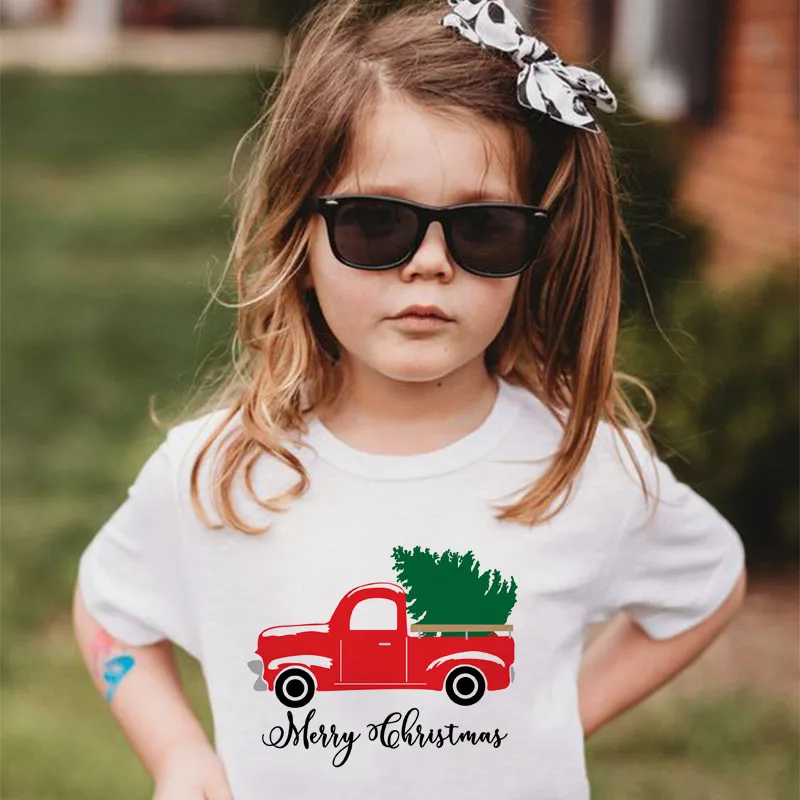 Детская Рождественская футболка для маленьких девочек с изображением Красного грузовика и елки рождественские топы, футболка Прямая поставка, Детская футболка