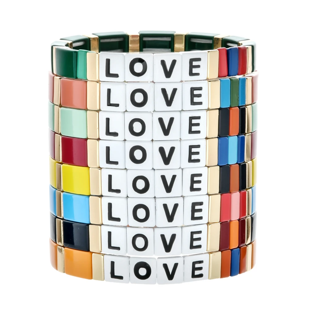 ZMZY Love Mama Bohemian Handmade Rainbow Bracelet Women Elastic Stretch Stack Cuff Square Tile Beads Enamel Bracelet Jewelry - Image 2