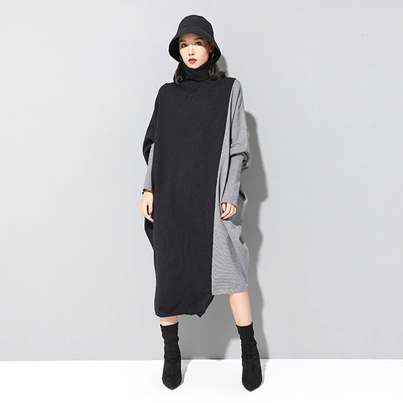 

Women contrast color kinitting sweater dress turtleneck long batwing sleeve loose clothes 2019 fashion autumn winter dresses