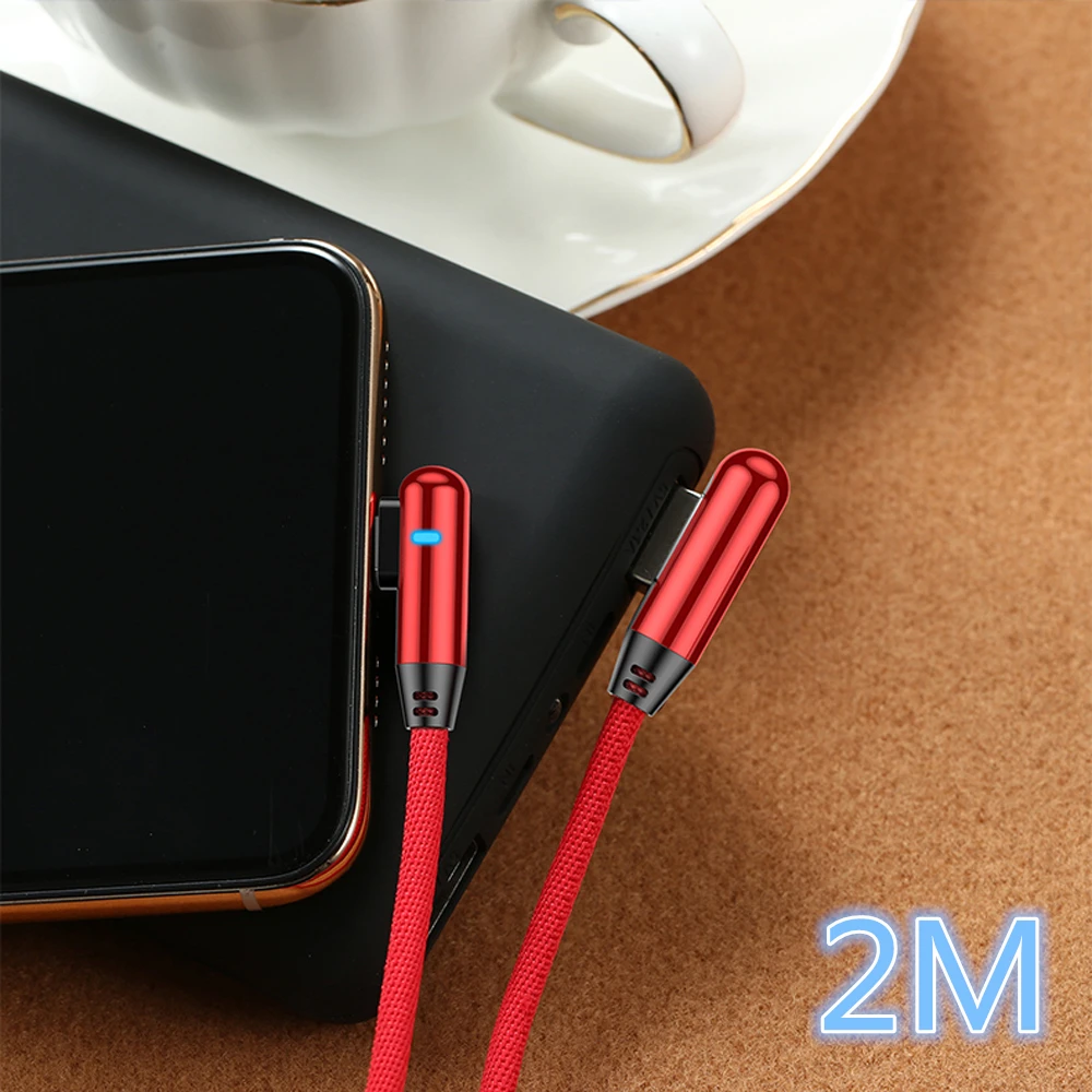 Светодиодный кабель usb type C на 90 градусов для iPhone Micro Quick Charge USB-C кабель для Xiaomi Redmi Note 7 для samsung S10 A50 Tipe-C - Цвет: 2M Red