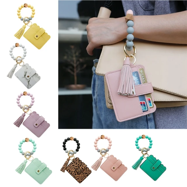 Pu Leather Wristlet Keychain Keyring Tassel Bracelet Women Round Pendant  Bangle