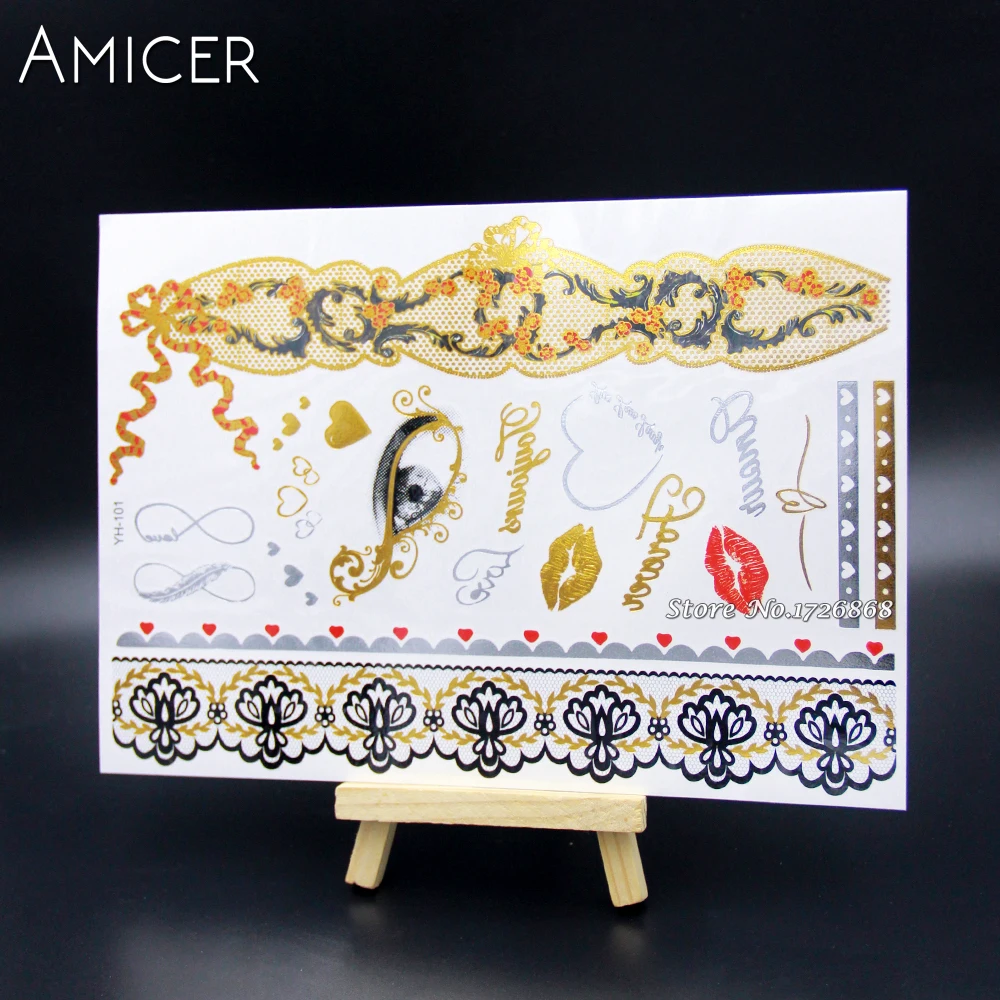 Body Art Temporary Tattoos Gold Flash Metallic Tattoo Arm Sleeves Sticker Henna Women Jewelry Waterproof For Lace red lip eyes | Красота и