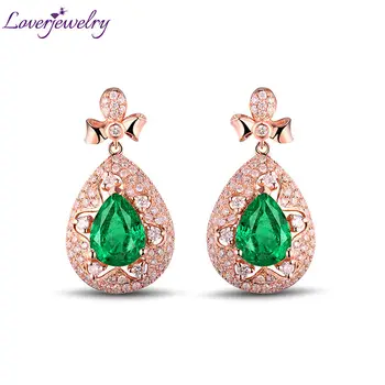 

LOVERJEWELRY Earrings For Women Queen Design Natural Diamond Pear Shape Solid 18K Rose Gold Stud Emerald Earrings Gift Jewelry