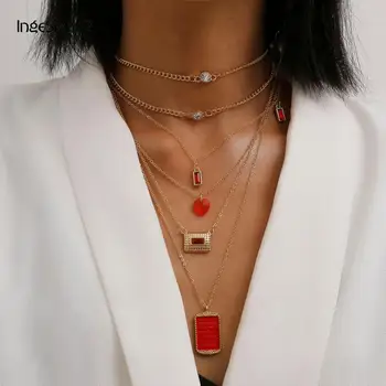 

IngeSight.Z 3Pcs/Set Multi Layered Red Rhinestone Love Heart Choker Necklace Collar Geometric Square Pendant Necklaces Jewelry