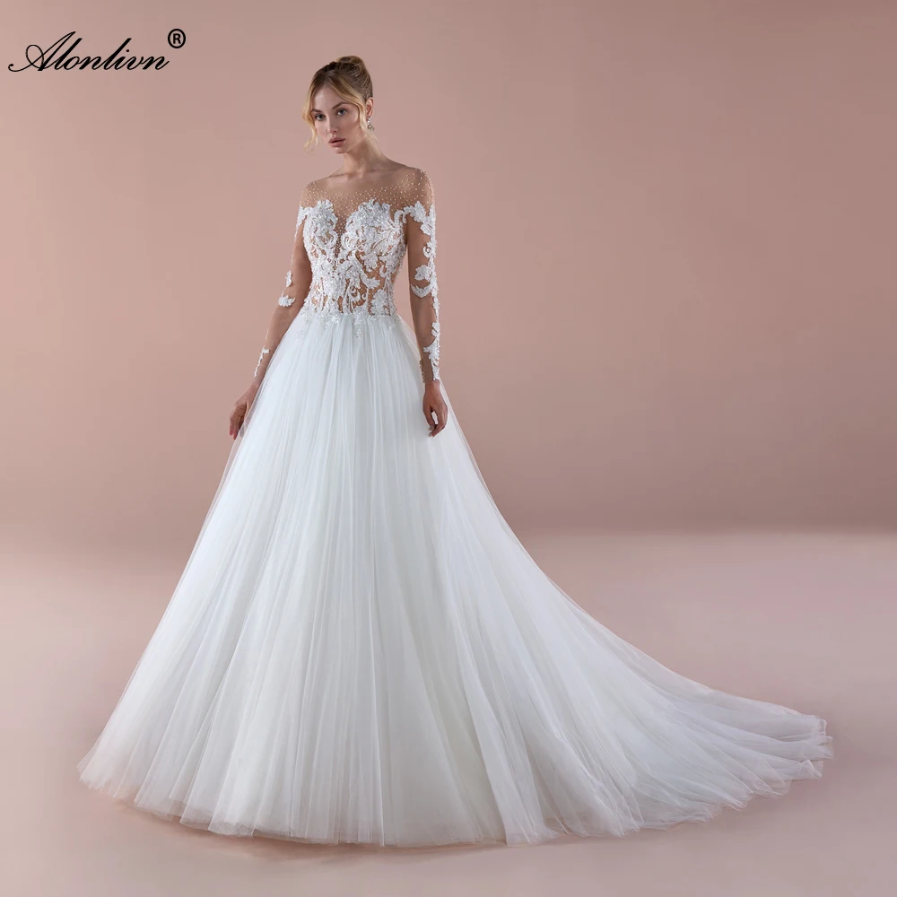 

Alonlivn Vestido De Noiva Appliques Lace Beading Pearls A-Line Wedding Dress Illusion Straps And Back Full Sleeves Bridal Gowns