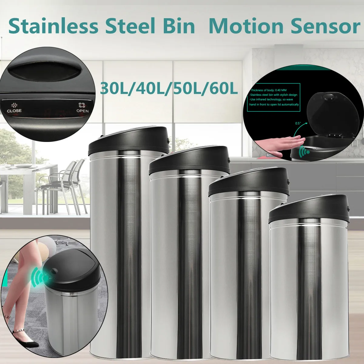 

30/40/50/60L Automatic Electronic Dustbin Sensor Tact Dustbin Rubbish Waste Bin Kitchen Trash Smart Motion Sensor