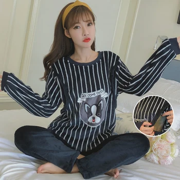

2 Piece Flannel Winter Pyjamas Rabbit Cartoon Pajamas Pijama Women Lingerie Cute Warm Winter Sleepwear Pants Set Pajama Set