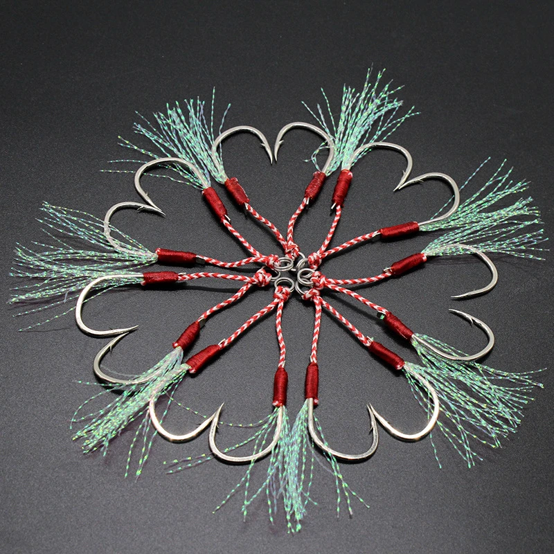 Fishing Hook Jig Double PairHooks Barbed Thread Feather Accessories 10pair/lot High Carbon Steel Fishing Lure Slow Jigging fishing hook
