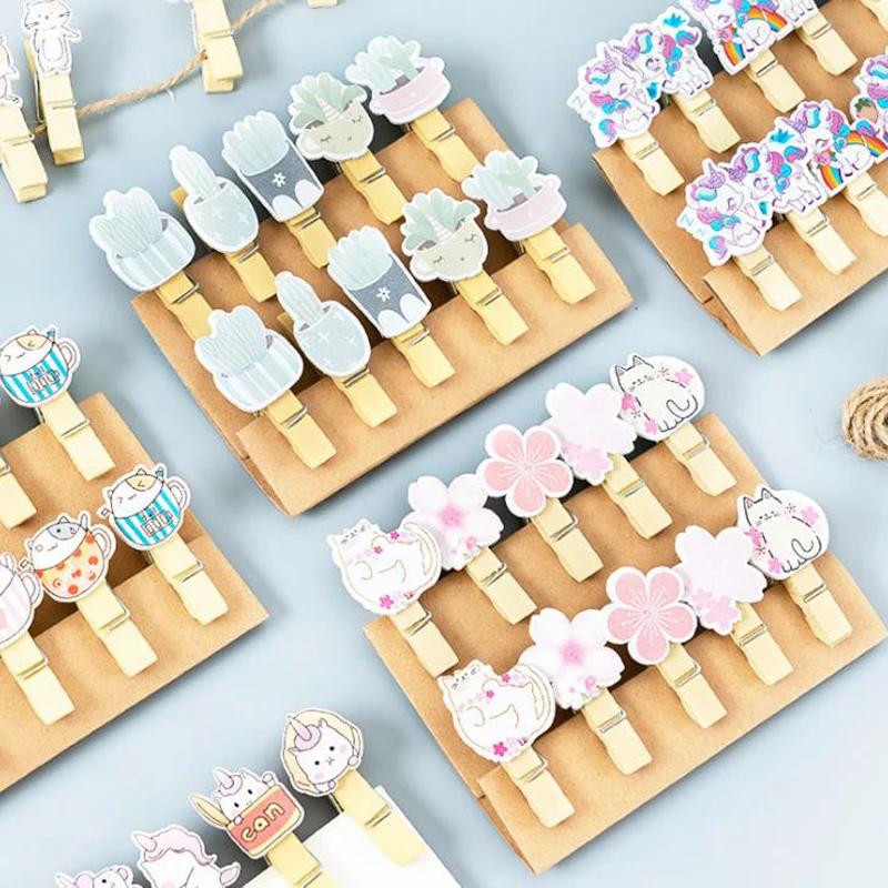 

10 Pcs/pack Kawaii Unicorn Panda Cat Pig Sakura Cactus Wooden Clips Photo Memo Paper Clips Stationery Clothespin Christmas Gifts