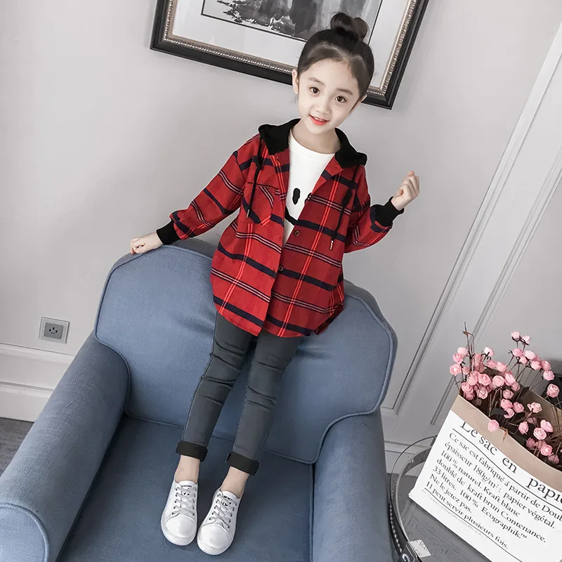 Girl'S Shirt New Style Spring And Autumn Children Plaid Shirt Long Sleeve Hooded Tops Childrenswear
