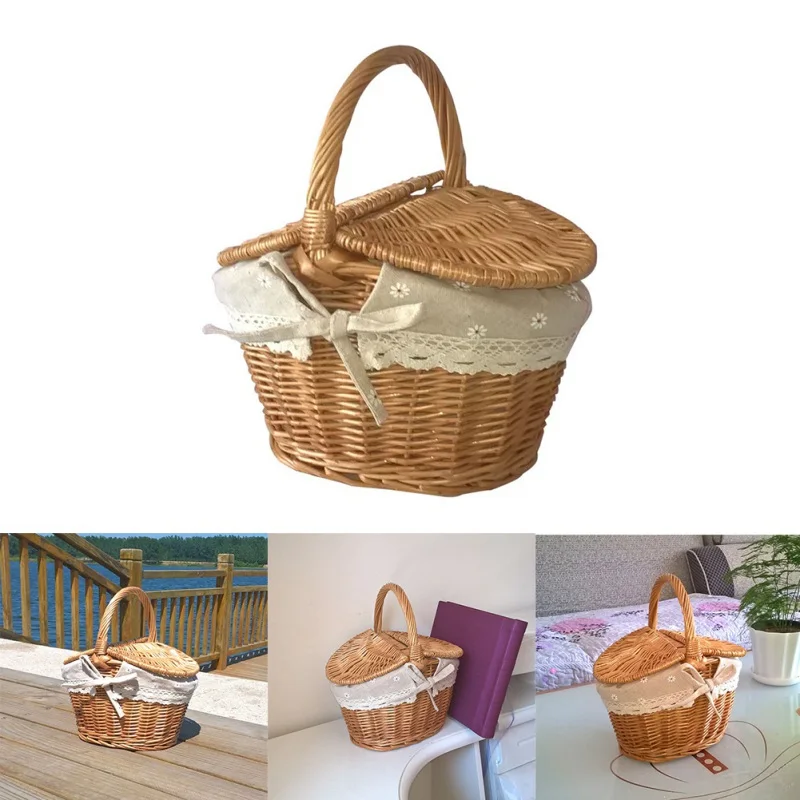 Wicker Woven Picnic Basket Hamper With Lid Camping Food Fruit Picnic