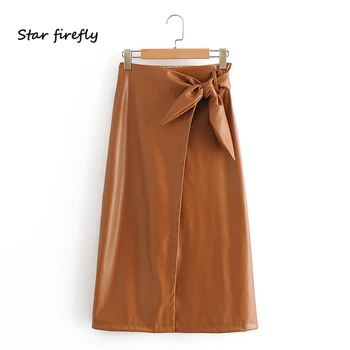 

Star firefly fashion Za skirt female 2020 autumn casual slim high waist simple fashion bow imitation leather skirt women