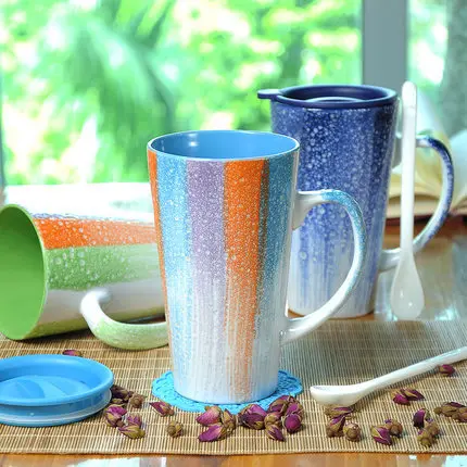 Fsile 2019 New 460ml Creative Belt Spoon Ceramic Mug Couple Milk Coffee Cup Breakfast Milk Tea Mug for Creative Gift Cup