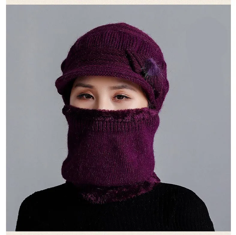 Новинка, зимние шапки Skullies Beanies, шапка для женщин, шерстяной шарф, шапки, Балаклава, маска, шапка, теплый мех кролика, вязаная шапка