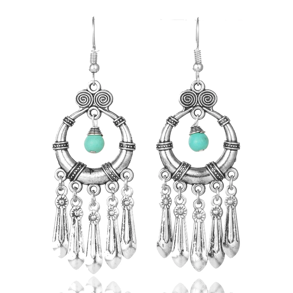 Boho винтажные антикварные зеленые длинные висячие Висячие серьги для женщин Подвески Ювелирные аксессуары серебряные серьги орнамент - Окраска металла: Silver