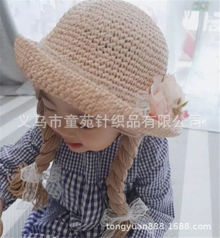 Spring Summer Baby Kids Girl Sun Block Hat Beach Hair Pigtail Braid Wig Cap Children Girls Flower Straw Hat Cap New Arrivals