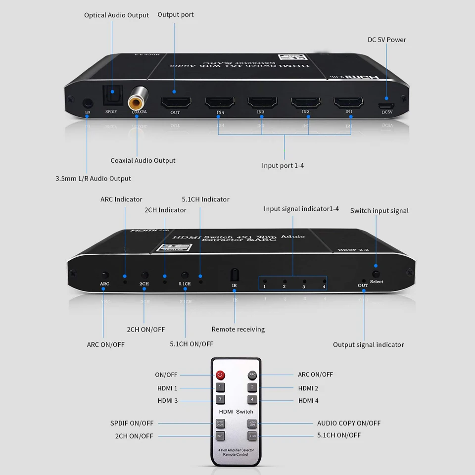 Переключатель Navceker 2x1 HDMI с дистанционным управлением 4x1 2 0 переключатель 4K @ 60Hz 3D HDR