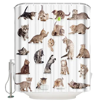 

Cute Kitten Pet Cub Shower Curtain Waterproof Polyester Fabric Bathroom Decor Printed with 12 Hooks