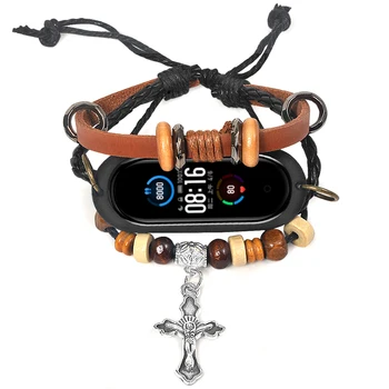 

mi band 5 strap Smart Watch Retro cross Leather Beading Weave Braided Bracelet Strap Rubber Case For Xiaomi Mi Band 3/4/5 correa