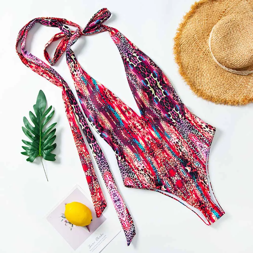 Monokini New Women Sexy Print Brazilian One Piece Swimsuit Floral Retro Thong High Waist Bodysuit Backless High Cut Swimwe - Цвет: Оранжевый