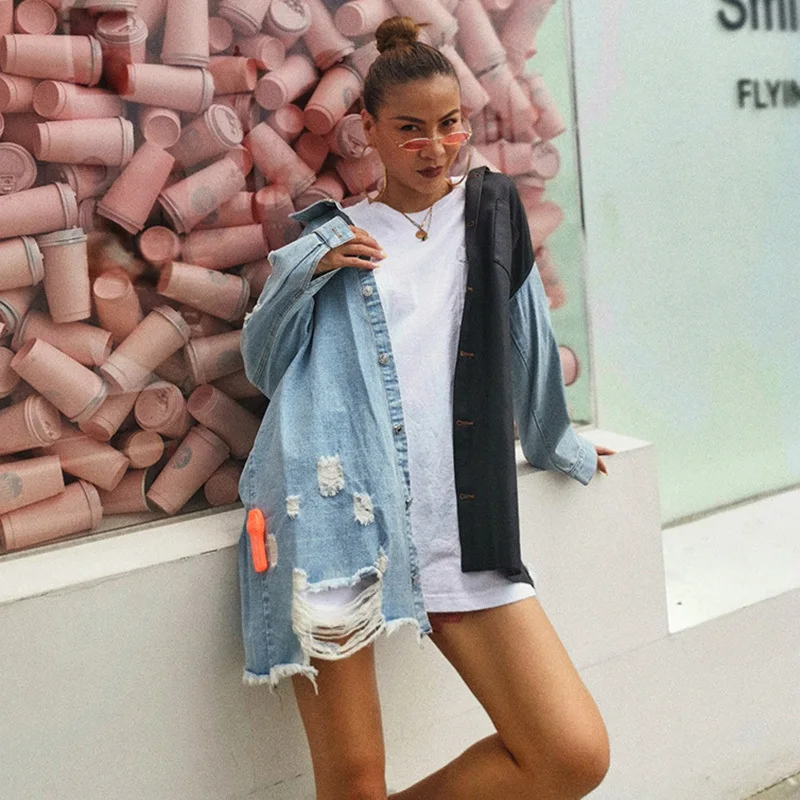 TWOTWINSTYLE модного цвета, в стиле пэчворк, джинсовые пальто для женщин, воротник с лацканами, длинный рукав, полые пальто, женские,, Осенние, модные, новые