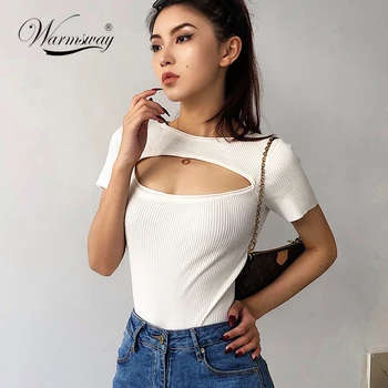 

Summer Vintage Slim Ribbed Short Sleeve Bodycon Sweater Women Hollow-out Solid Sexy Knitting Cropped Top B-148