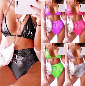 

Sexy Swimwear Women Crocodile Skin Neon Green High Waist Bikini Brazilian Push Up Padded Bathing Suit Belt Swimsuit Biquini