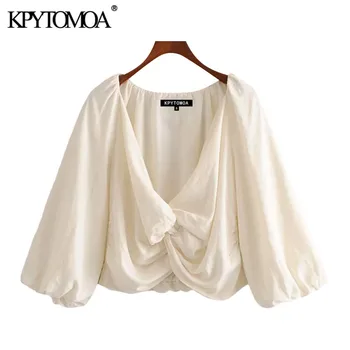 

KPYTOMOA Women 2020 Fashion With Knot Cropped Blouses Vintage V Neck Three Quarter Sleeve Female Shirts Blusas Chic Tops
