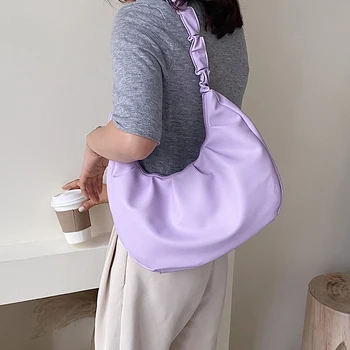 

Folds Design PU Leather Shoulder For Women 2020 Summer Luxury Small Handbags Female Travel Hand Bag Purple Half Moon Bag