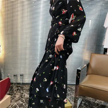 

Women Dress Printed Double Layer Chiffon Drawstring Lace Dress