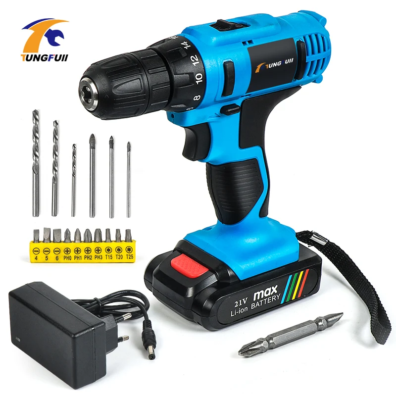 

Tungfull Cordless Rechargeable Screwdriver Li ion Torque Drill Mini Electric Screwdriver Home Waterproof Power Tools Eu Plug 21V