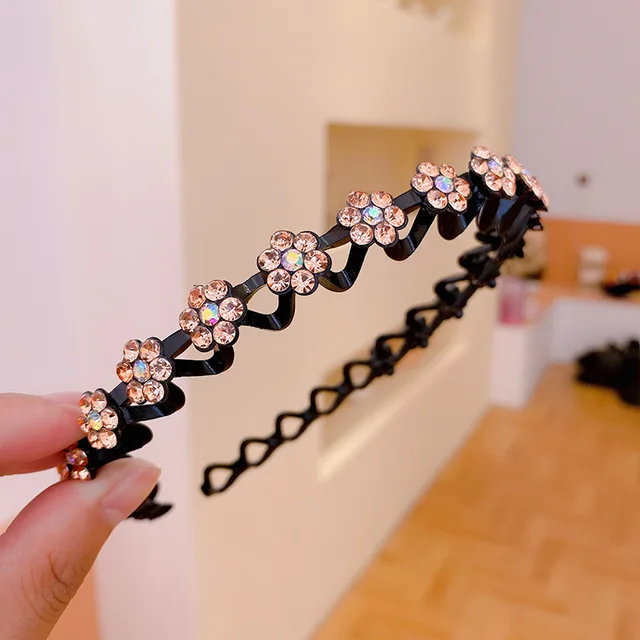 Fashion Pearl Non-Slip Rhinestone Hairbands Elastic Flower Women Hair Hoop Bands Headband Bezel Girls Hair Accessories Headdress D champagne ab