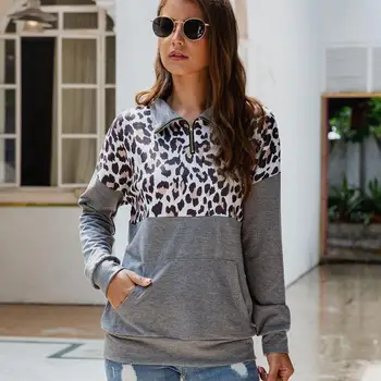 

Sexy Leopard Patchwork Zipper Pocket Hoodies Women Autumn Casual Loose Turn-down Collar Long Sleeve Pullover Sweatshirts Female