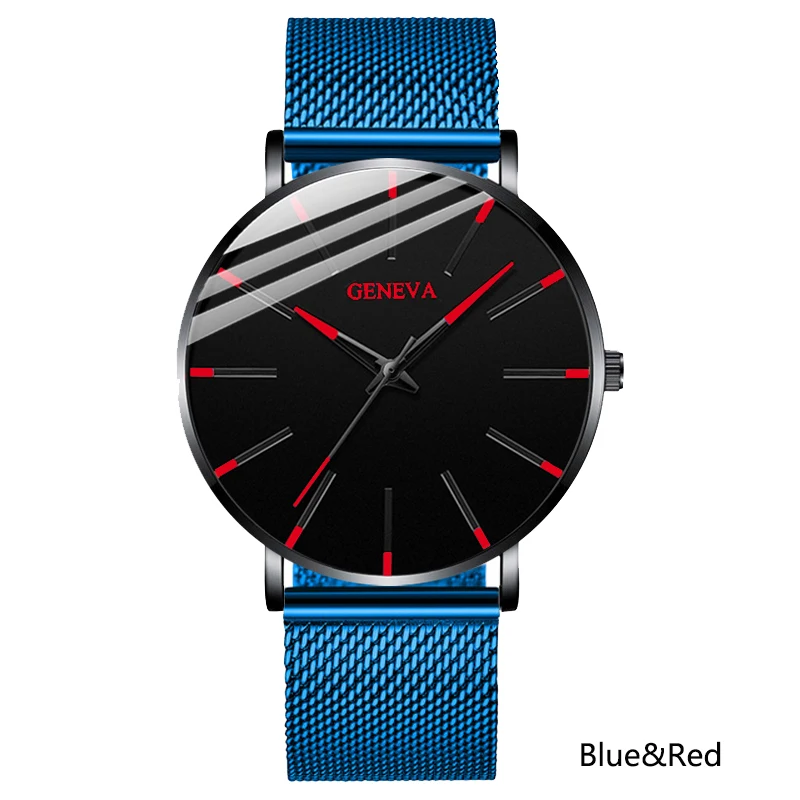 blue red Мужские деловые ультра тонкие часы, Роскошные мужские часы с сетчатым ремешком из нержавеющей стали, повседневные Аналоговые Спортивные кварцевые наручные часы Herren Uhren - Цвет: blue red